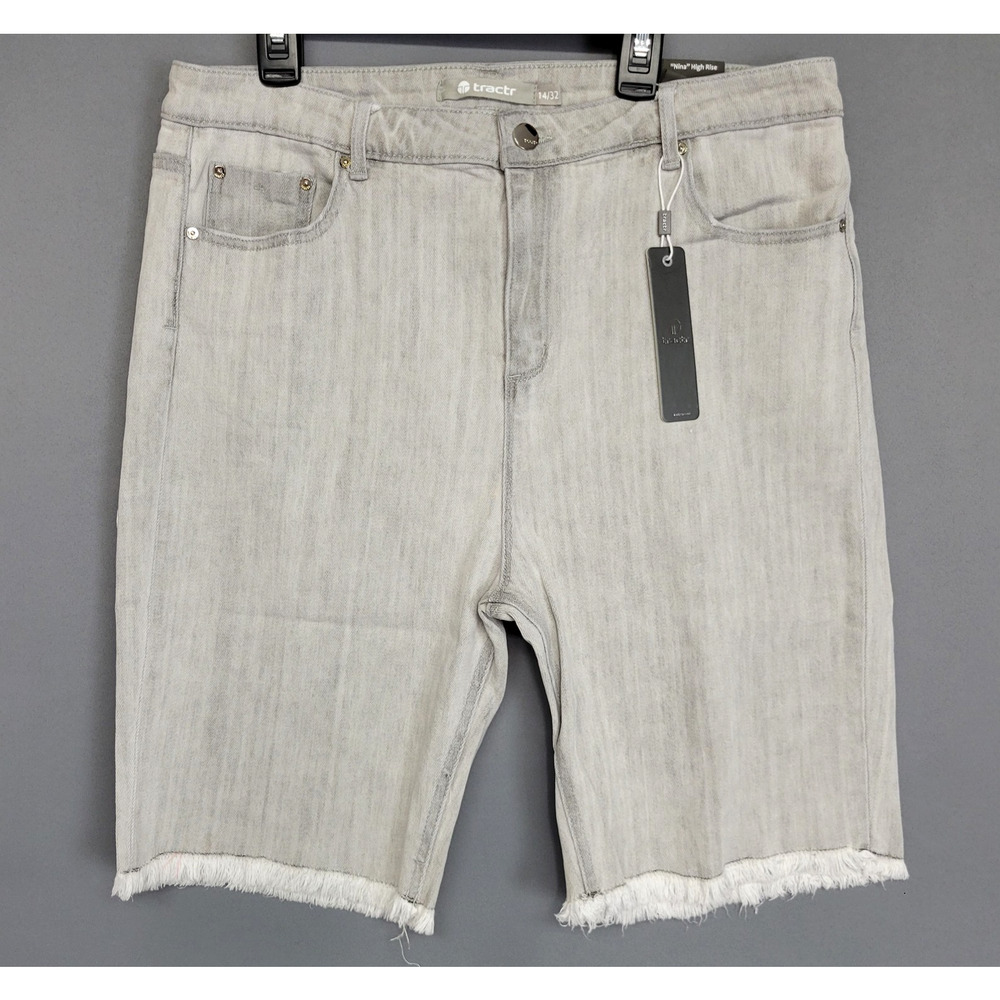Tractr Shorts Womens 14 Gray Nina High Rise‎ Denim Frayed Hem Slim Fit New